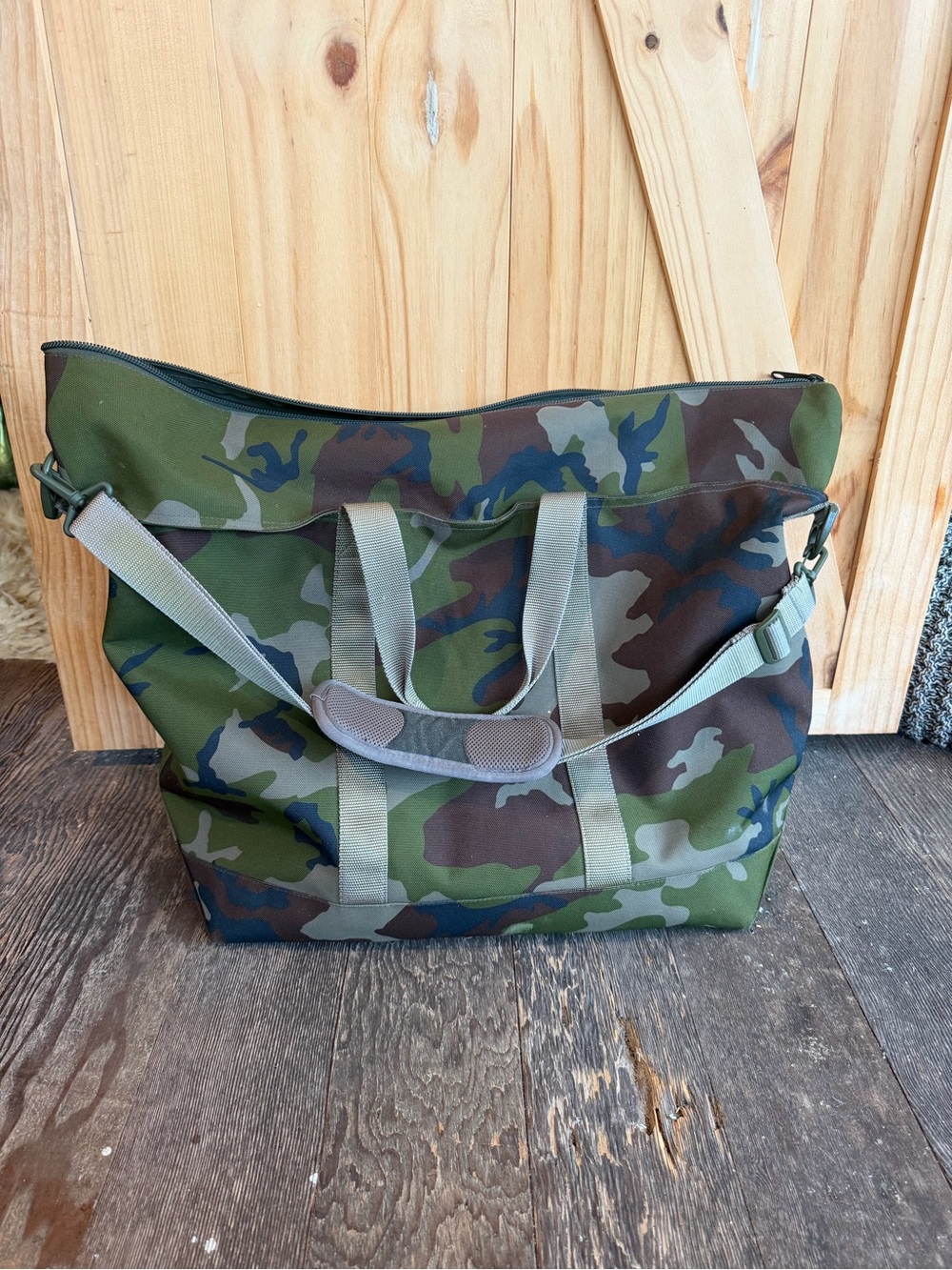 L.L. Bean Camouflage Green Brown Canvas Duffel with Shoulder Strap